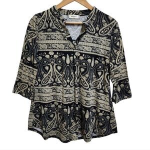 Bepei Womens Black Cream Paisley Print V Neck 3/4 Roll Tab Slv Top Sz L Casual